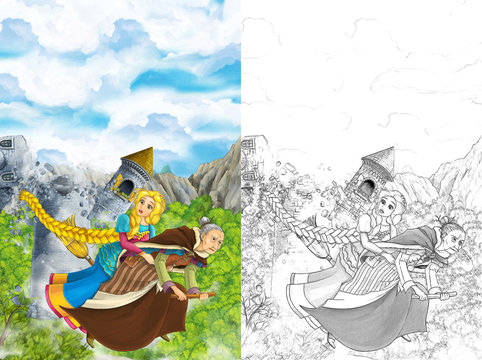 Cartoon scene of a with flying on a broomstick with young girl - in background collapsing medieval tower - beautiful manga girl - with coloring page - illustration for children