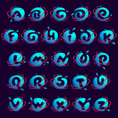 Alphabet logos with planet, rocket and orbits lines. © kaer_fstock