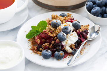 berry crumble with oat flakes and blueberries for breakfast
