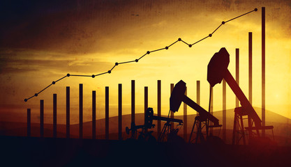 3d illustration of oil pump jacks on sunset sky background. Concept of growing oil prices - 120081307