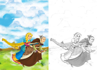 Cartoon fairy tale scene with princess flying on the broomstick with the witch - beautiful manga girl - with coloring page - illustration for children © honeyflavour