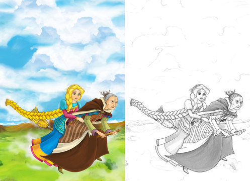 Cartoon fairy tale scene with princess flying on the broomstick with the witch - beautiful manga girl - with coloring page - illustration for children