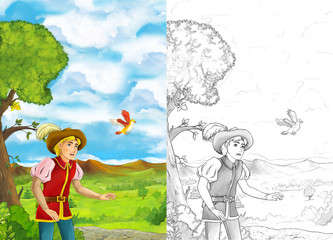 Cartoon scene with young man walking in some garden - handsome man- with coloring page - illustration for children