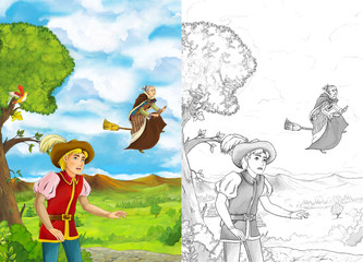 Obraz na płótnie Canvas Cartoon scene with young man walking in some garden - handsome man - witch is flying over him - illustration for children