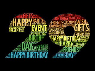 Happy 29th birthday word cloud collage concept