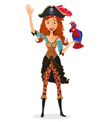 Pirate girl waving with a parrot isolated on a white background. Vector.