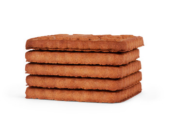Upright cookie against stack of double chocolate chip cookies on