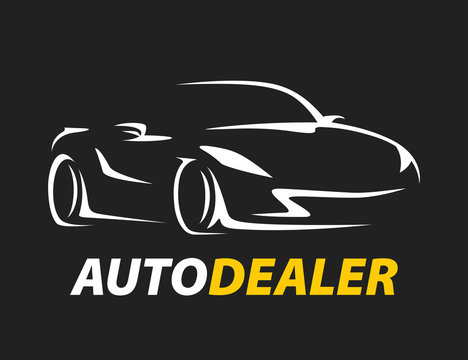 Original concept auto dealer car logo with supercar sports vehicle silhouette on black background. Vector illustration.