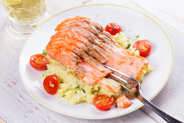 Salmon, Tomato and Smashed Potato with  Spring Onion and Coriander