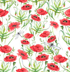 Obraz premium Hand-drawn watercolor floral seamless pattern. Summer meadow flowers - poppy on the white background. Repeated pattern for textile, wallpaper. Red colorful blossom
