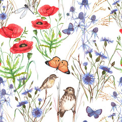 Hand-drawn watercolor floral seamless pattern. Summer meadow flowers - poppy, cornflowers, grass, feverweed, butterflies and birds on the white background, Repeated pattern for textile, wallpaper.