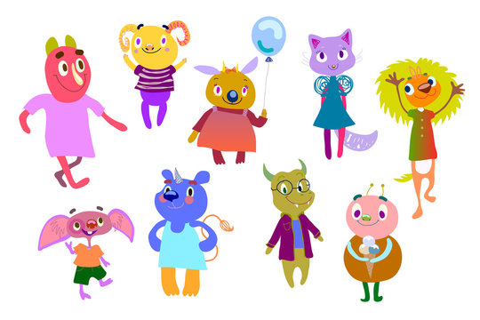 Set of bright multicolored monsters. Funny fantastic creatures. Cute characters for children's design. Positive fantastic humanoids. Hand Drawn elements. Clipart, vector illustration eps 10.