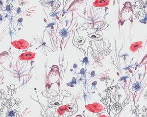 Fototapeta na wymiar Hand-drawn watercolor floral seamless pattern. Summer meadow flowers - poppy, cornflowers, grass, feverweed, butterflies and birds on the white background, Repeated pattern for textile, wallpaper.