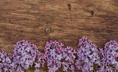 Top view of lilac flowers on an old wood