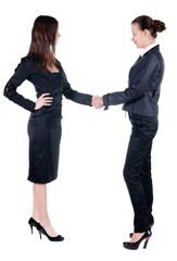Two businesswoman handshake . Isolated over white 