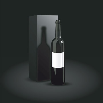 Bottle of wine packaging design. A luxury presentation of red wine. Vector illustration. Dark bottle of wine on black background