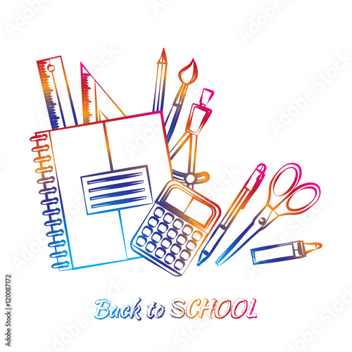 "Drawing colored school supplies. Back to school. Education concept. Vector illustration." Stock