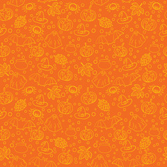 Halloween seamless pattern with spiders, witch cauldron, bat, ghost, pumpkin, leaves and bubbles on orange background. Decoration for greeting card, poster, banner, flyer design. Vector illustration.