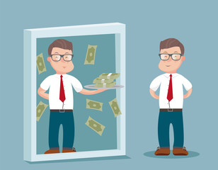Businessman standing in front mirror and see himself being successful. Business concept. Success reflection. Vector illustration