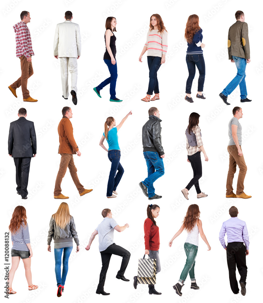 Sticker collection back view of walking people . going people in motion set. backside view of person. Rear view people collection. Isolated over white background.