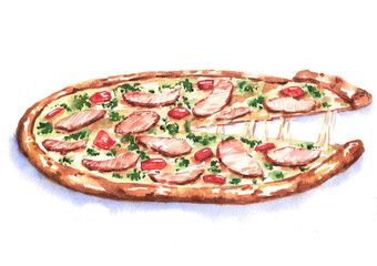 Hand-drawn watercolor illustration of the pizza with the chicken meat and red hot chili pepper. Drawing of the fast Italian food isolated on the white background.