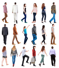 collection back view of walking people . going people in motion set. backside view of person. Rear view people collection. Isolated over white background.