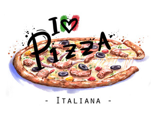 Hand-drawn watercolor illustration of the pizza. "I love pizza" illustration. Drawing of the fast Italian food isolated on the white background.