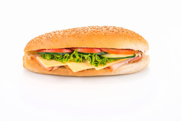Sandwich with ham and cheese isolated on a white background