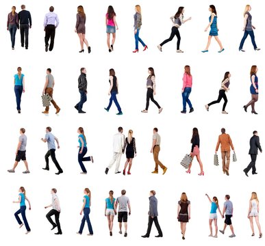 collection " back view of walking people ". going people in motion set.  backside view of person.  Rear view people collection. Isolated over white background. people of different genders and in