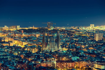 Barcelona skyline panorama at night, Spain