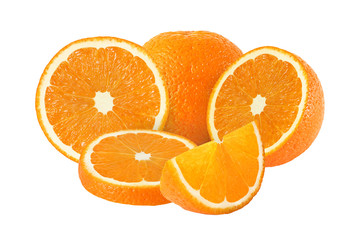 cut and whole orange fruits isolated on white background with clipping path
