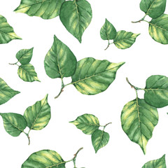 Fototapeta premium Hand-drawn watercolor seamless pattern with fresh green leaves. Light repeated pattern for wallpapers or the textile print.