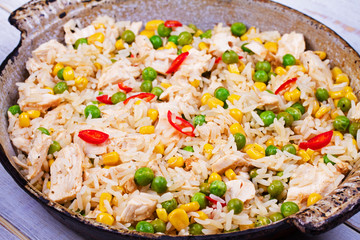 Chicken Breasts with Rice, Peas, Corn and Chili