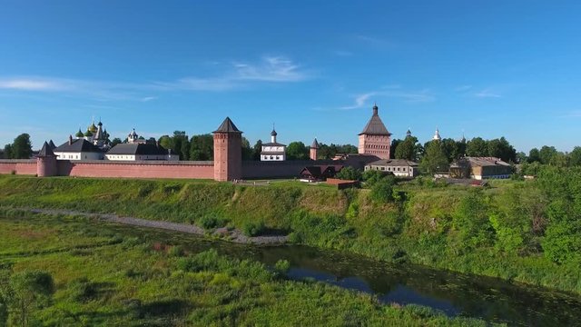 Aerial view on Monastery of Saint Euthymius in the ancient town Suzdal, Golden ring, Russia, 4k
