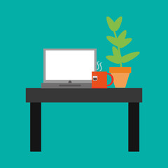 flat design laptop on desk with tea cup and plant office related items icon vector illustration