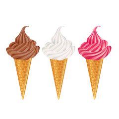 Chocolate, vanilla and strawberry icecream cones