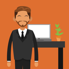 businessman standing in front of desk with laptop office related items  vector illustration