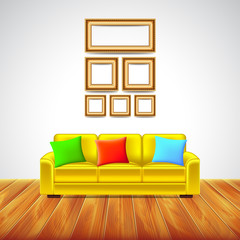 Interior room with yellow sofa and colorful pillows