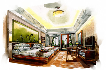 Obraz premium sketch interior twin bedroom into a watercolor on paper.