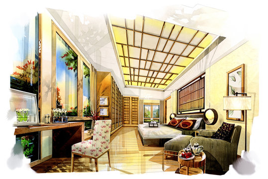 sketch interior bedroom japanese into a watercolor on paper.
