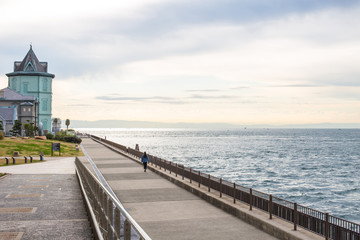 Obraz premium beautiful cottage with sea, Ijokaku or Sun Yat-sen Memorial Hall