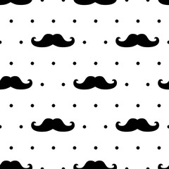 Seamless mustache pattern on polka dots background
