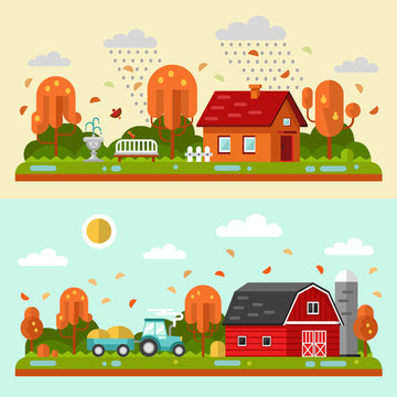 Flat design vector autumn landscape illustrations with farm building, house, bench, fountain, rain, puddles, leaf fall, tractor. Farming, agricultural, organic products concept.