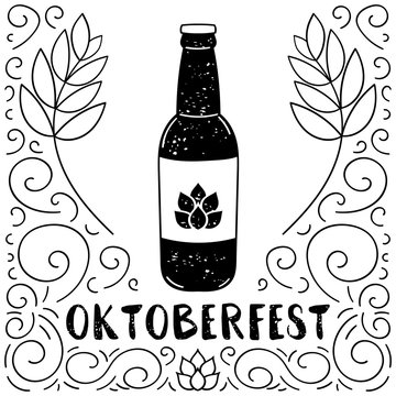 Oktoberfest background vector for beer bar, party or pub. Cold glass bottle, malt frame and hop hand drawn in sketch style. German festive retro illustration.