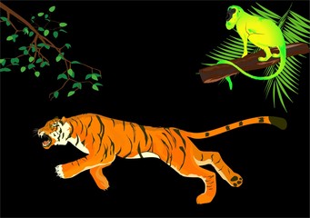 Tiger and monkey on night jungle background