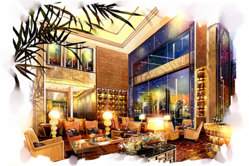 sketch interior lobby lounge into a watercolor on paper.