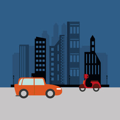 car and scooter with city buildings background transport image