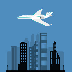 flat design flying airplane over city buildings  image vector illustration