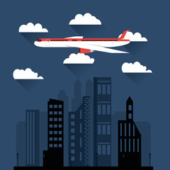 Obraz premium flat design flying airplane over city buildings image vector illustration
