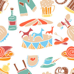 Oktoberfest themed vector seamless pattern. Bavarian costumes - drindl and lederhosen,carousel, schnapps, pretzel, bratwurst sausage, beer. Hand drawn sketches. 